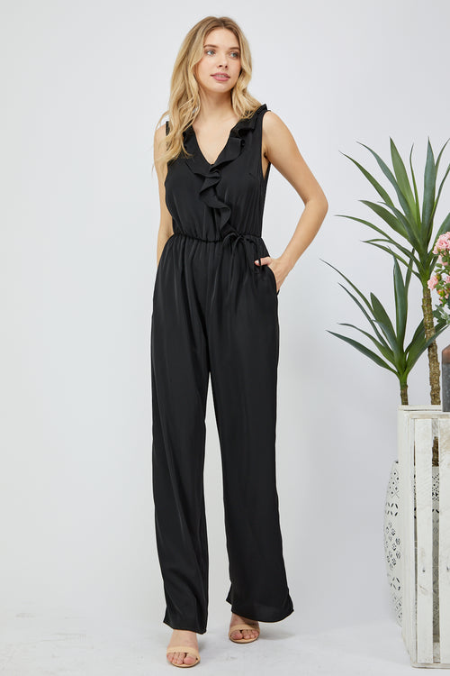 Black Silky Ruffle Jumpsuit