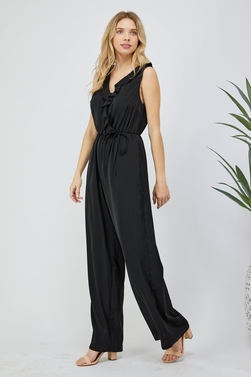 Black Silky Ruffle Jumpsuit