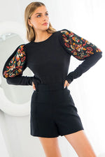 THML Embroidered Rib Knit Long Puff Sleeve Top