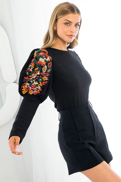 THML Embroidered Rib Knit Long Puff Sleeve Top