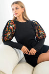 THML Embroidered Rib Knit Long Puff Sleeve Top