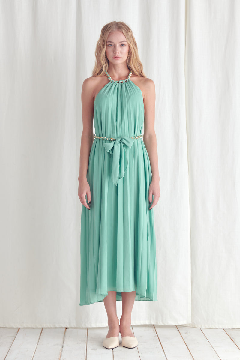 Pleated Maxi Dress with Chain