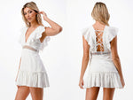 V Neck Ruffle Dress w/Crochet Lace