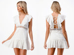 V Neck Ruffle Dress w/Crochet Lace