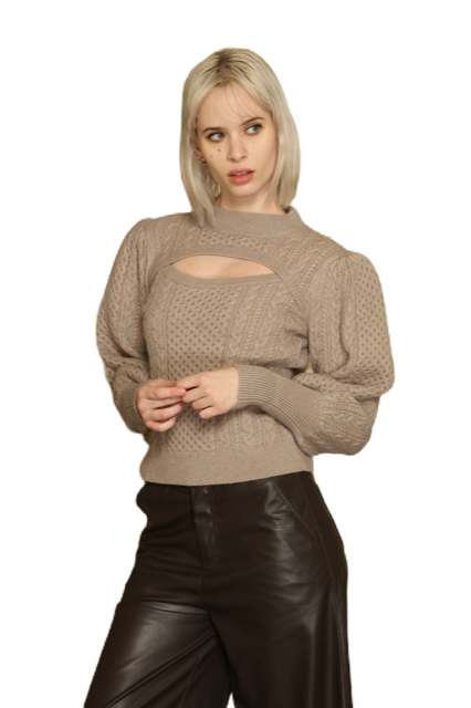 Mock Ballon Sleeve Chest Cut Out Sweater