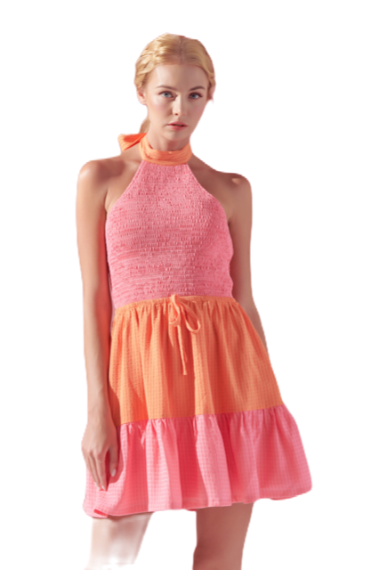Colorblock Halter Neck Mini Dress